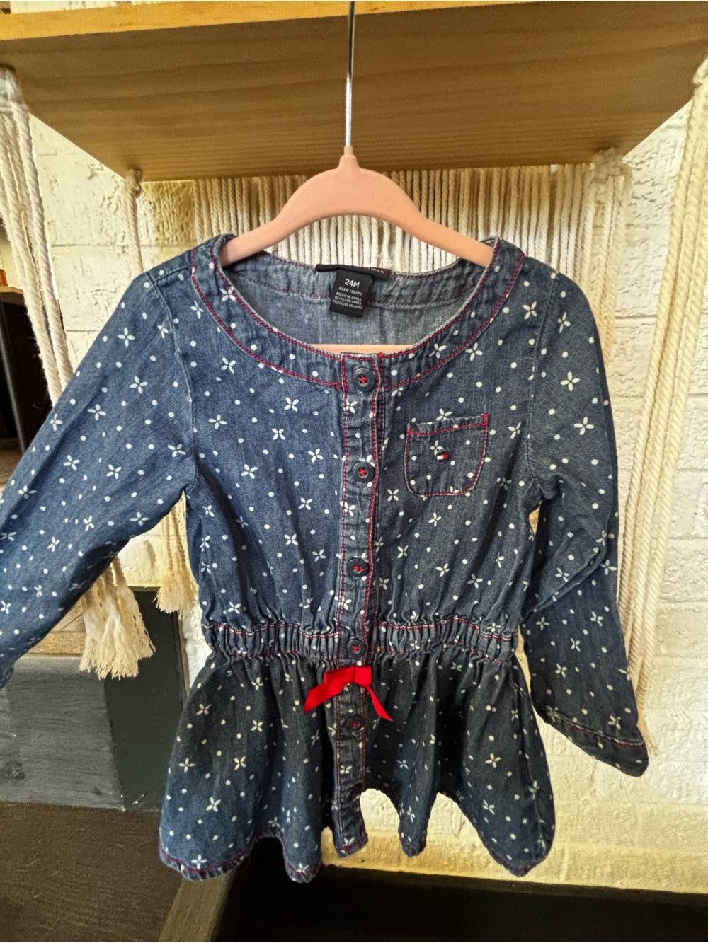 2T Denim Peplum Dress with White Floral Print & Red Trim